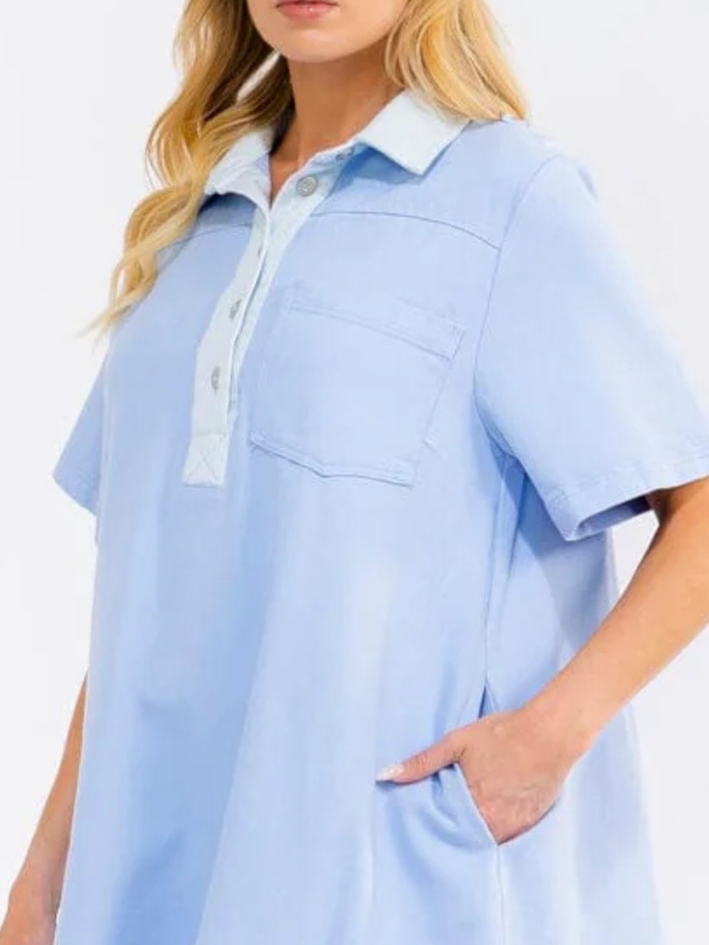 Fantastic Fawn Pink Short Sleeve Polo Button Front Denim Dress - Picture 6 of 6